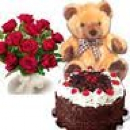 12 Red Roses With Teddy And Half Kg Black Forest Cake